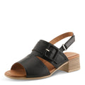 Women's slingback block heel sandal with open toe and large square buckle detail