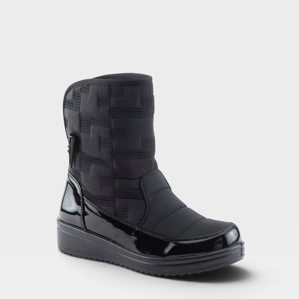 Women's quilted mid-calf winter boot with patent leather trim and side zipper