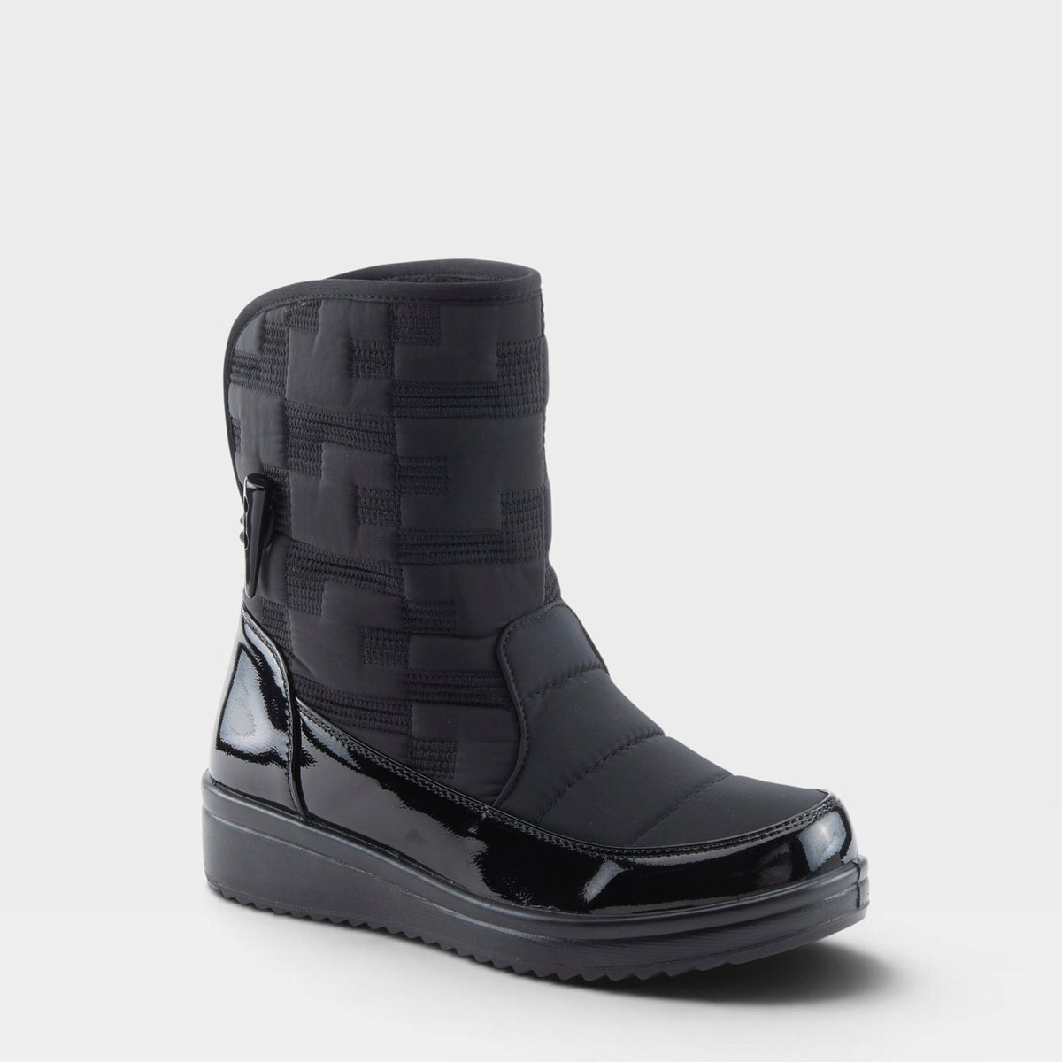 Women's quilted mid-calf winter boot with patent leather trim and side zipper