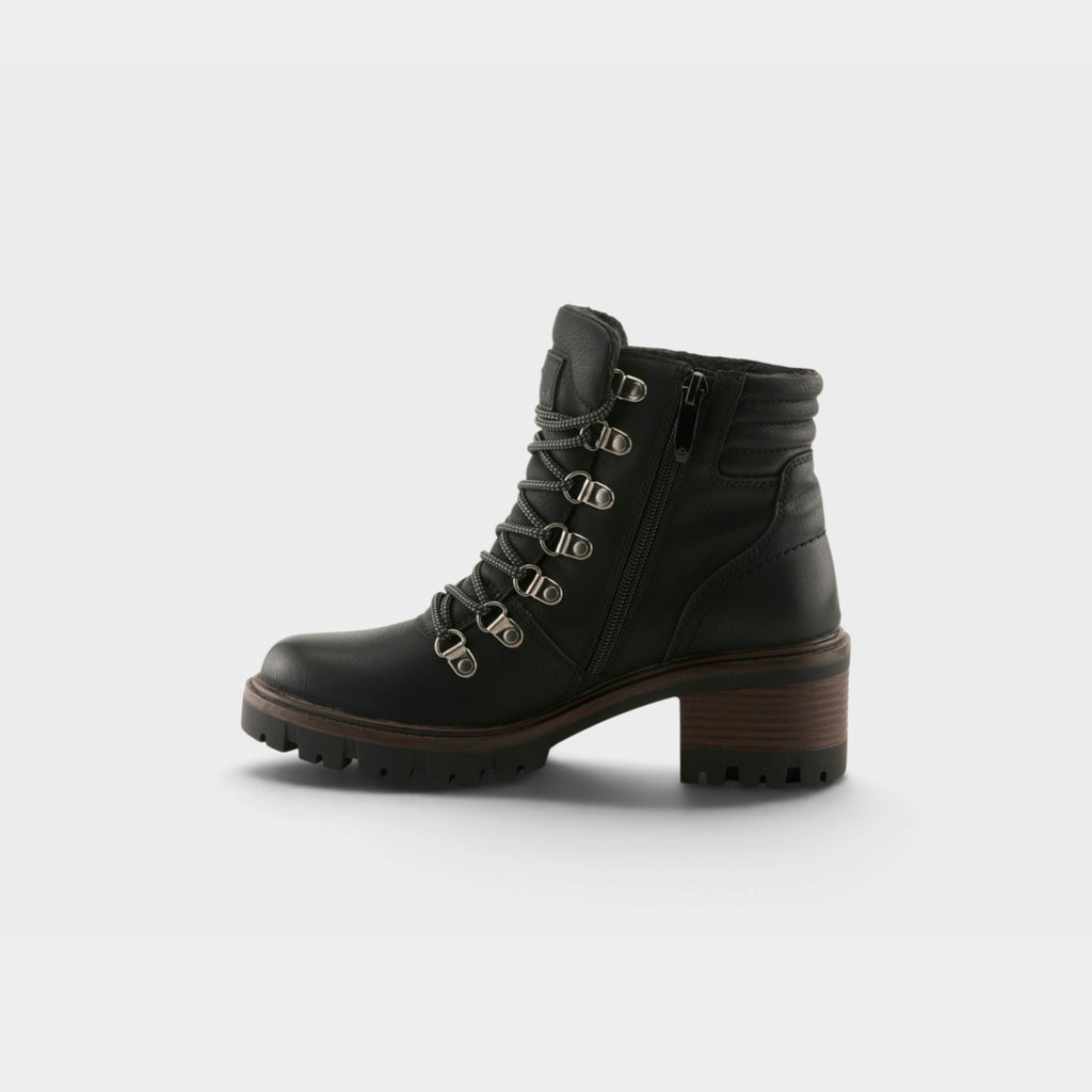 Women's lace-up hiker ankle boot with block heel, lug sole, and side zipper