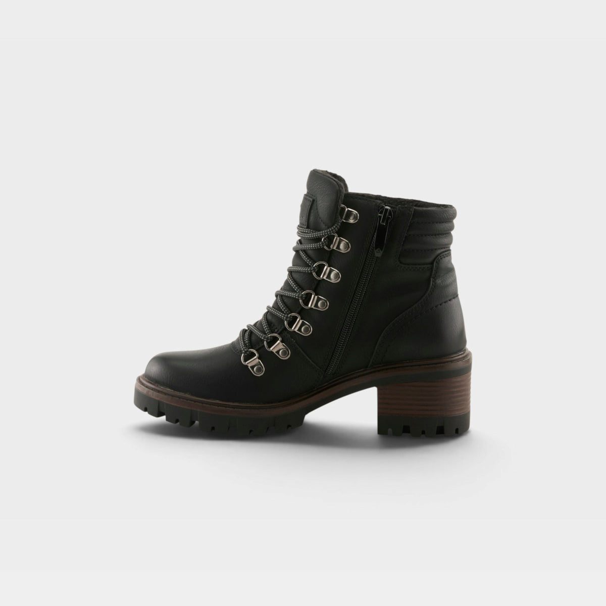 Women's lace-up hiker ankle boot with block heel, lug sole, and side zipper