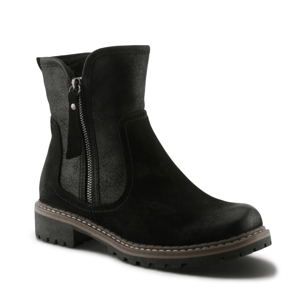 Womens black ankle boot with side zipper, mixed texture panels, and lug sole