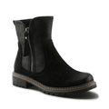 Womens black ankle boot with side zipper, mixed texture panels, and lug sole