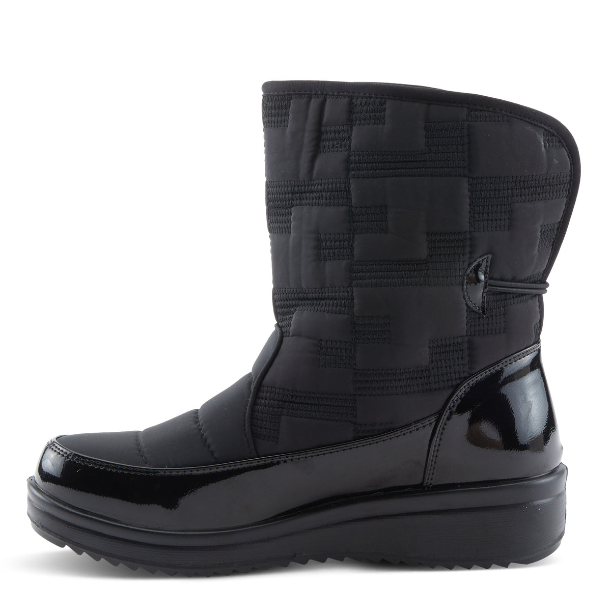 Spring Step Daffo women's quilted mid-calf winter boot with patent leather trim and side toggle