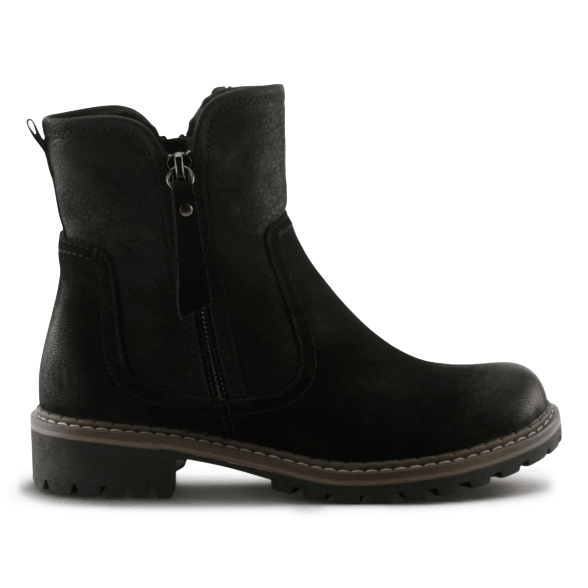 Women's ankle boot with side zipper closure, lugged sole, and mixed texture upper