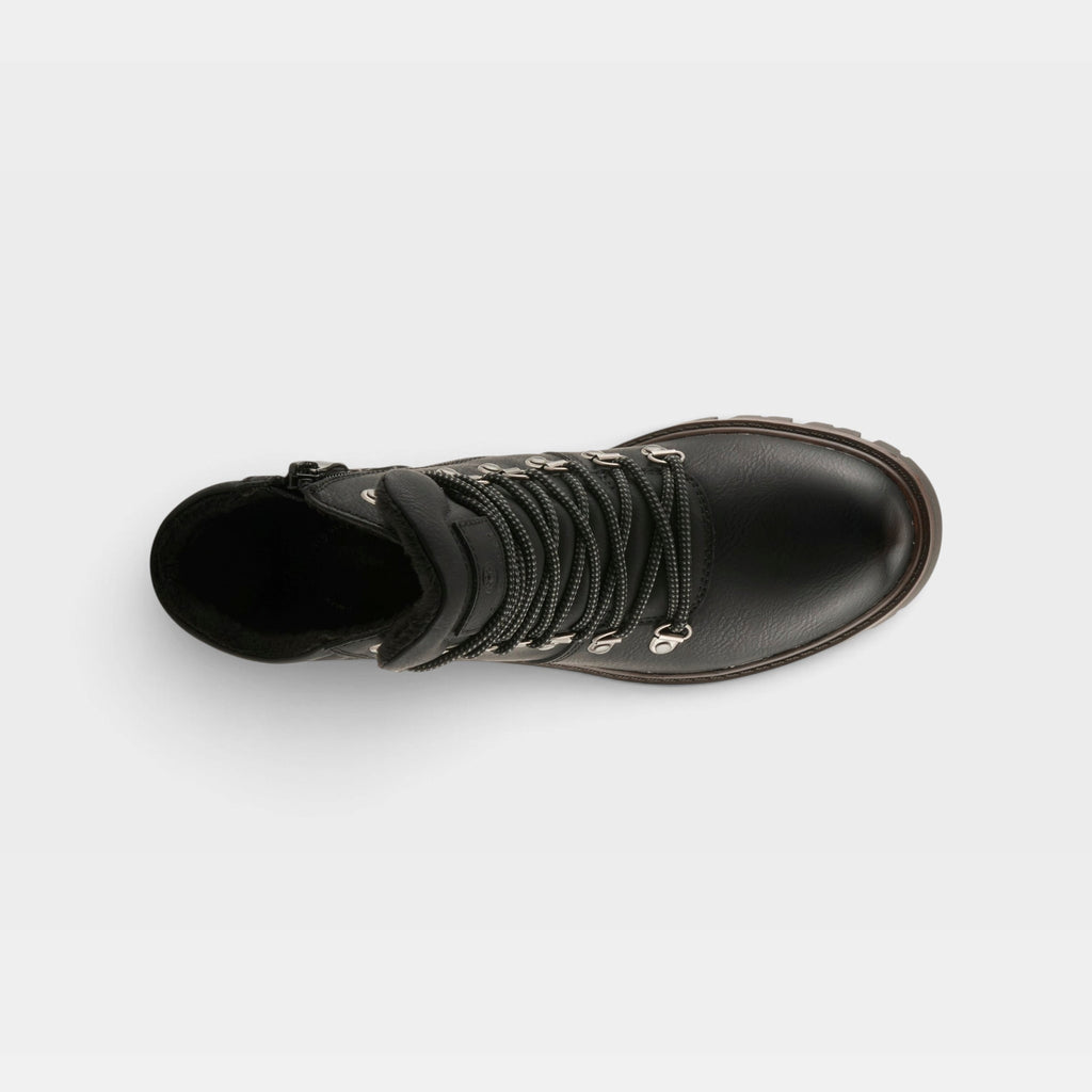 Top-down view of a black leather lace-up ankle boot with hook eyelets and chunky sole