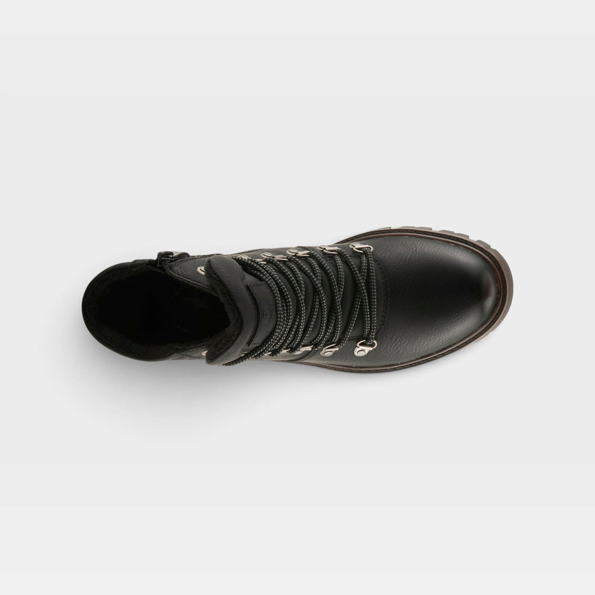 Top-down view of a black leather lace-up ankle boot with hook eyelets and chunky sole