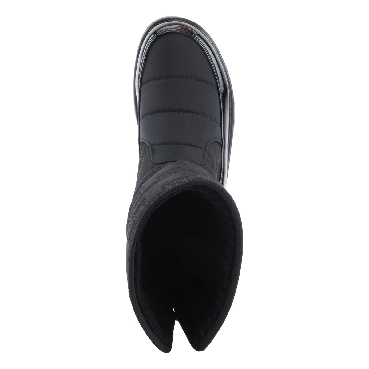Top-down view of a black quilted winter boot with faux fur lining and rubber sole