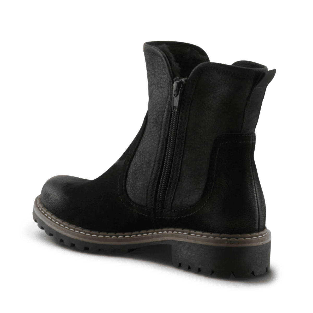 Black leather ankle boot with side zipper, elastic panel, and lugged sole, rear view