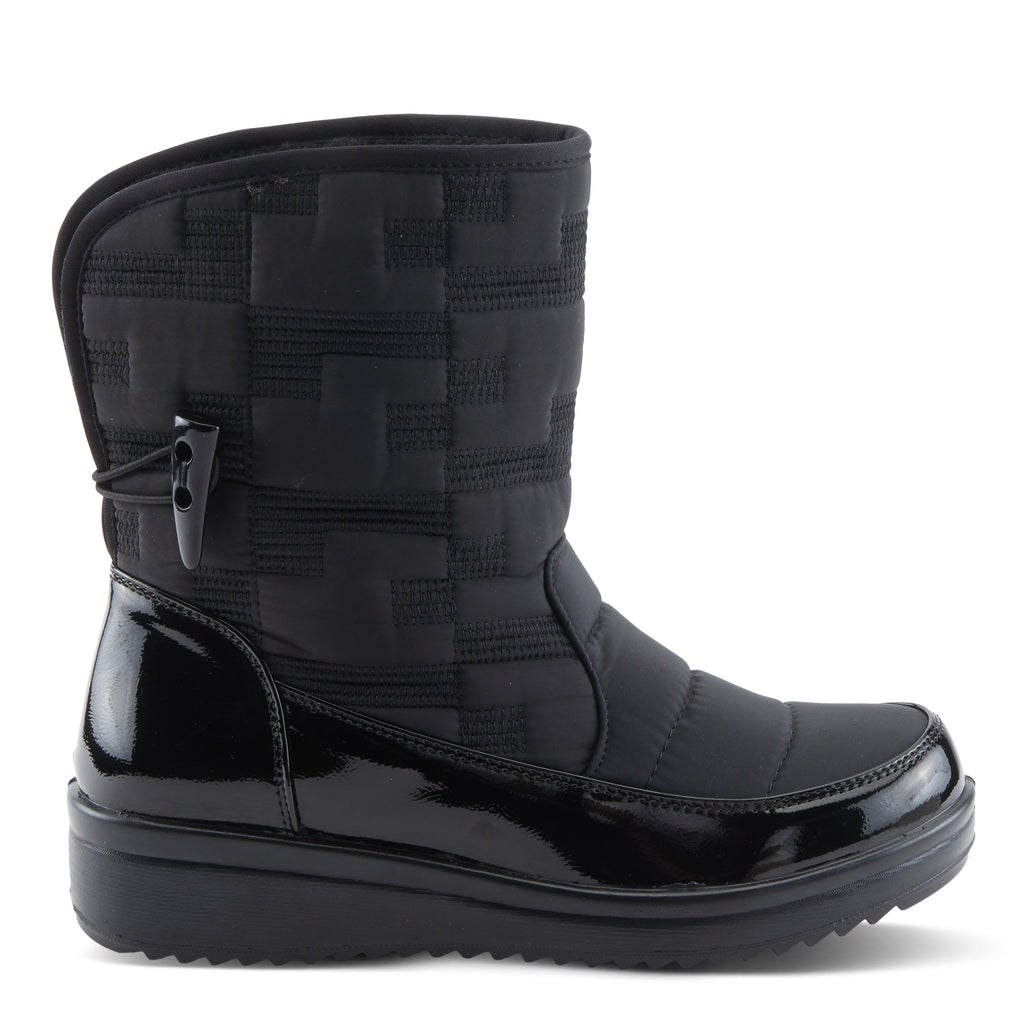 Women's quilted winter boot with patent leather lower and toggle closure, side view