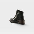 Women's lace-up hiker ankle boot with lug sole, side zipper, and block heel, rear view