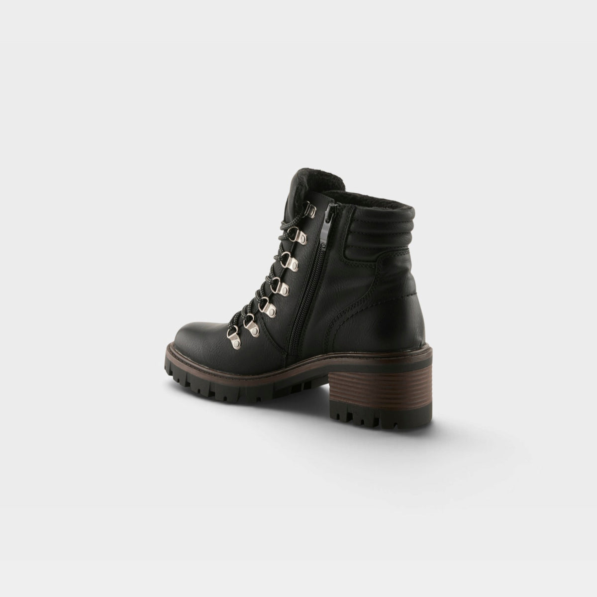 Women's lace-up hiker ankle boot with lug sole, side zipper, and block heel, rear view