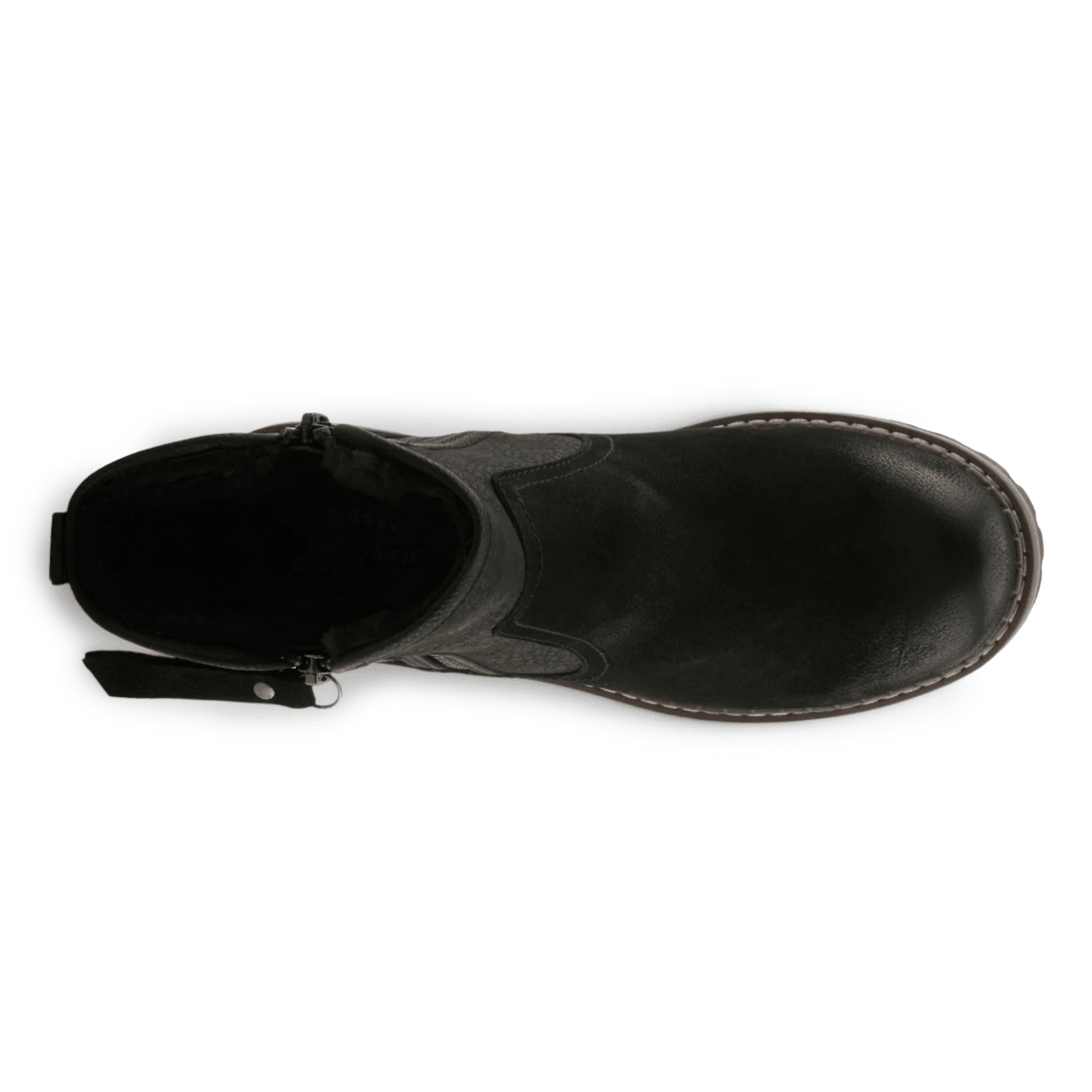Top-down view of a black leather ankle boot with side zipper and pull tab