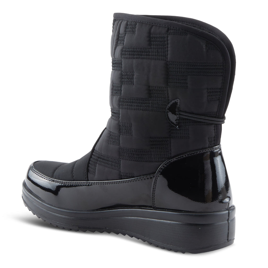 Women's quilted mid-calf winter boot with patent leather lower and side buckle detail