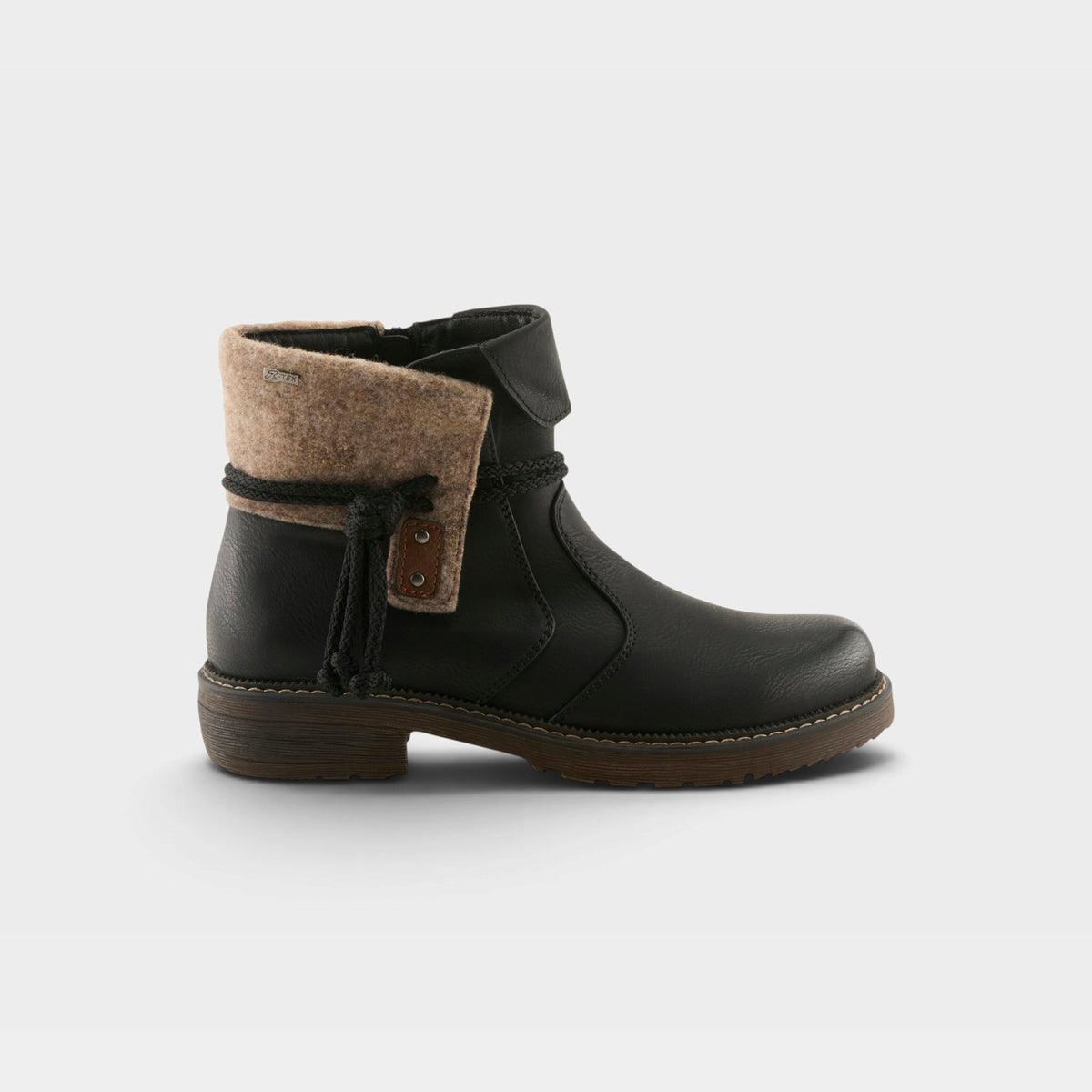 Women's ankle boot with black leather upper, fold-over wool cuff, and braided rope detail