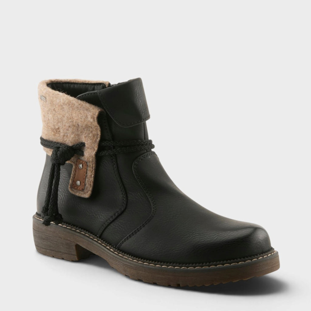 Women's black leather ankle boot with fold-over wool collar and rope tie detail