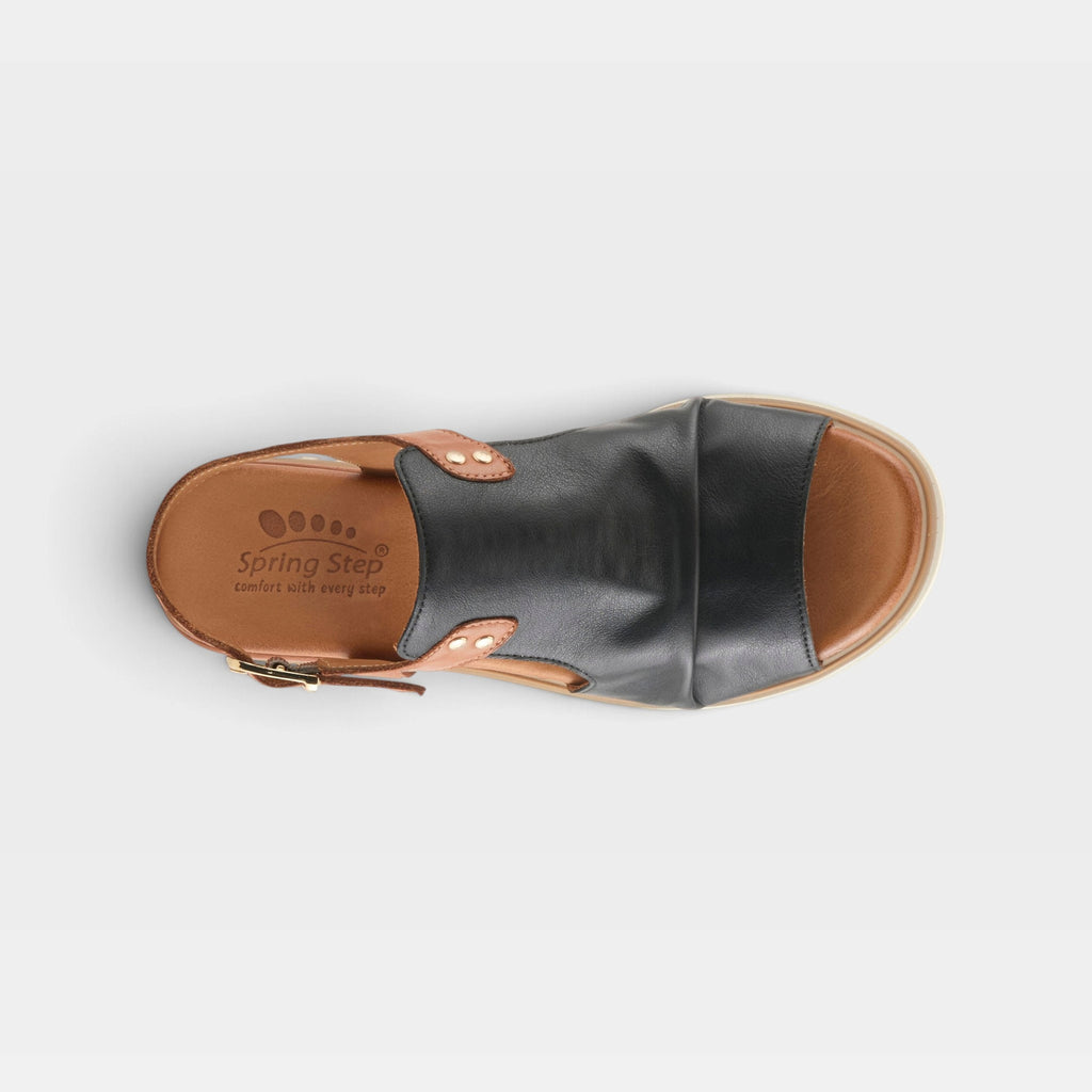 Spring Step Locals sandal with black leather upper and tan ankle strap, top-down view