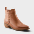 Women's leather ankle bootie with stacked heel and decorative whipstitch side panel detail