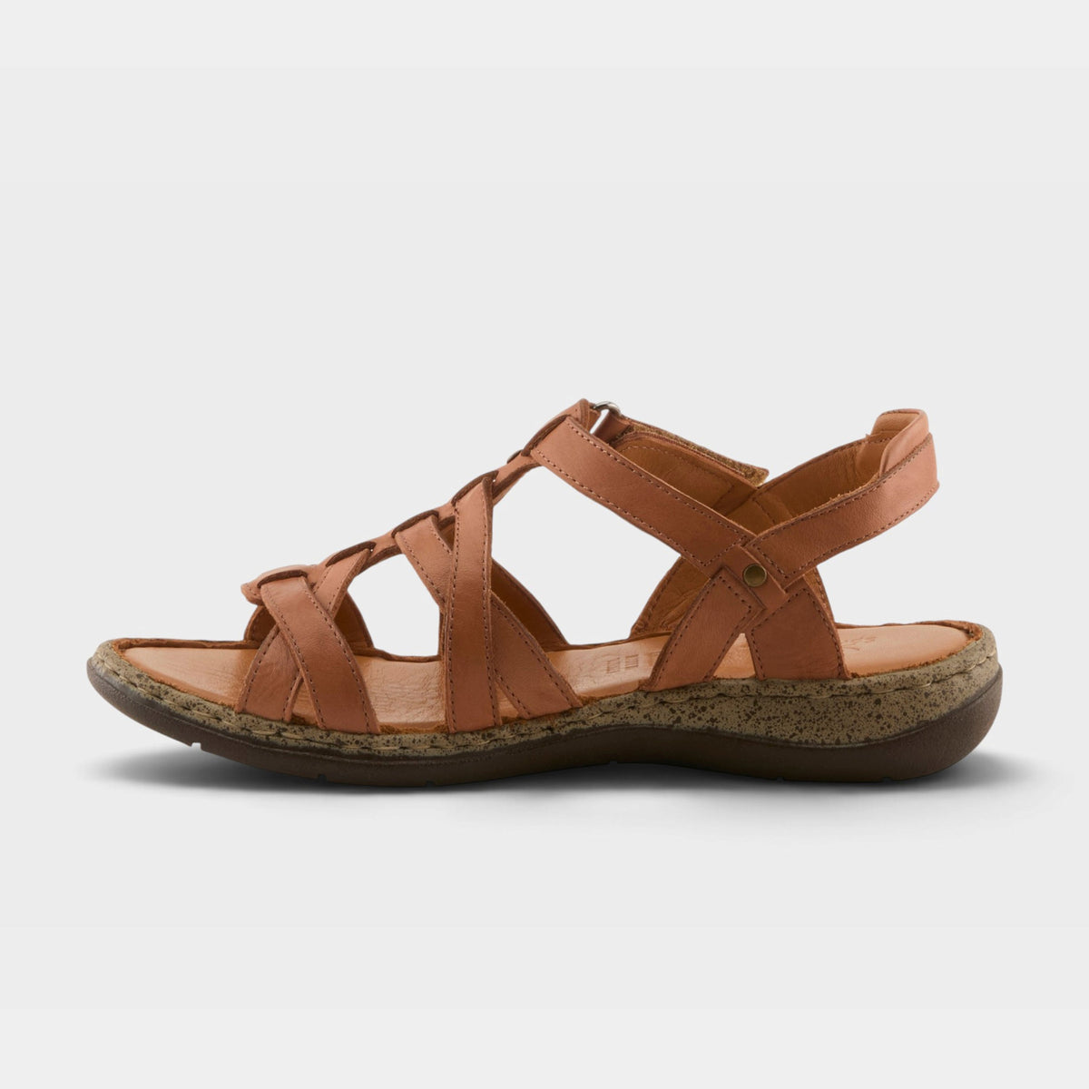 Spring Step womens strappy leather sandal with woven toe cage and ankle strap closure