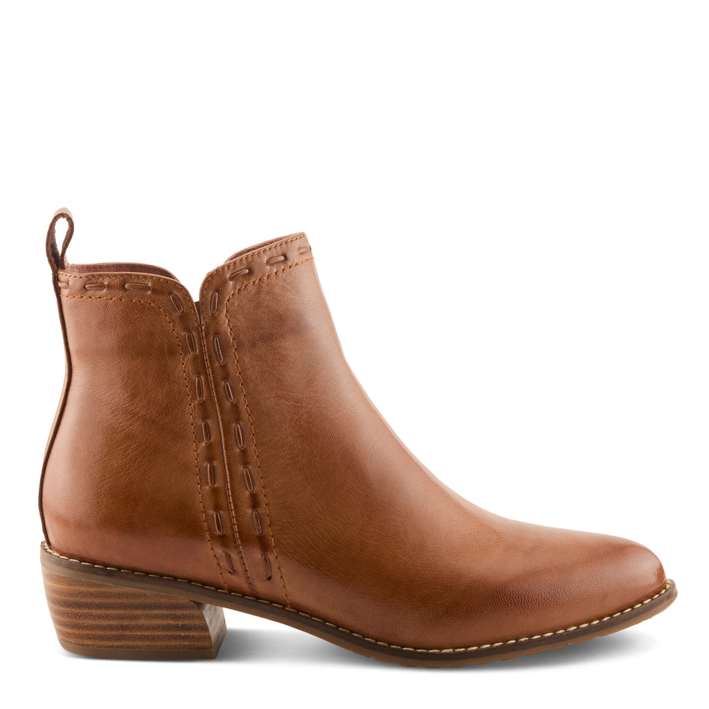 Women's leather ankle bootie with decorative stitching detail and stacked block heel