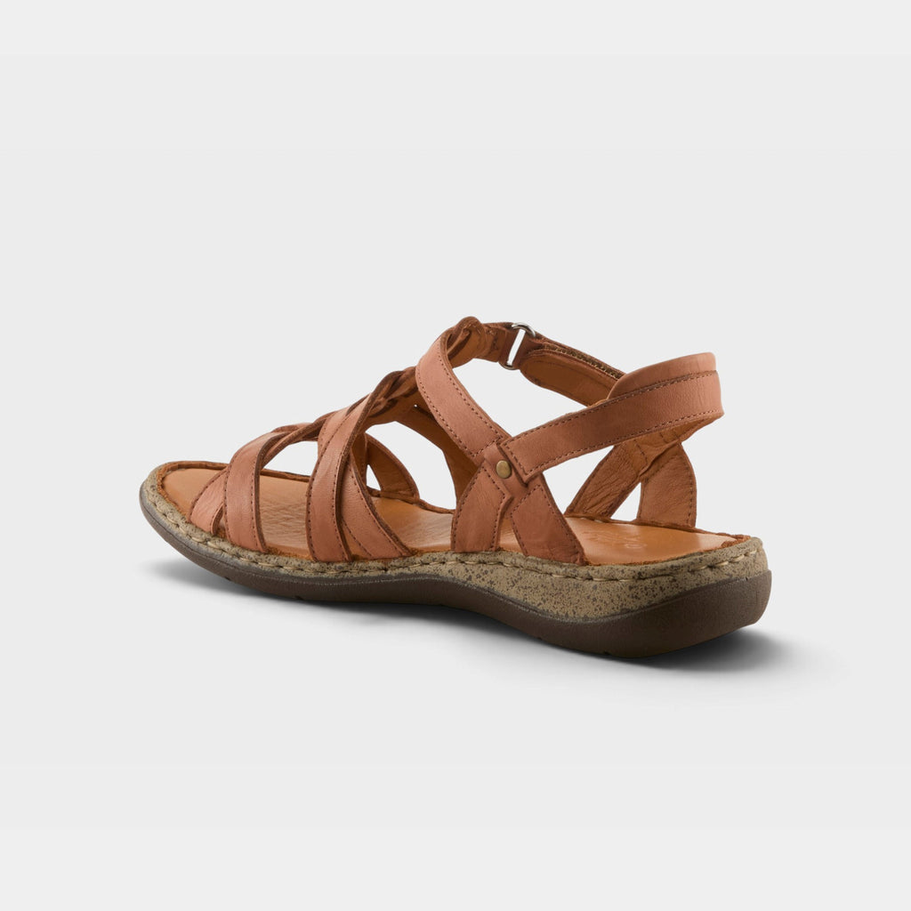 Spring Step Nyxelle womens strappy leather sandal shown from rear three-quarter angle
