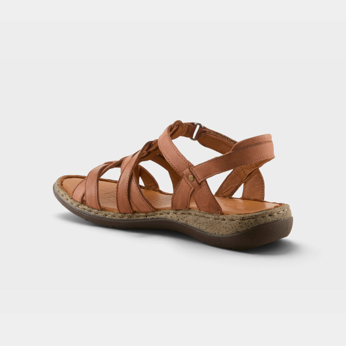Spring Step Nyxelle womens strappy leather sandal shown from rear three-quarter angle