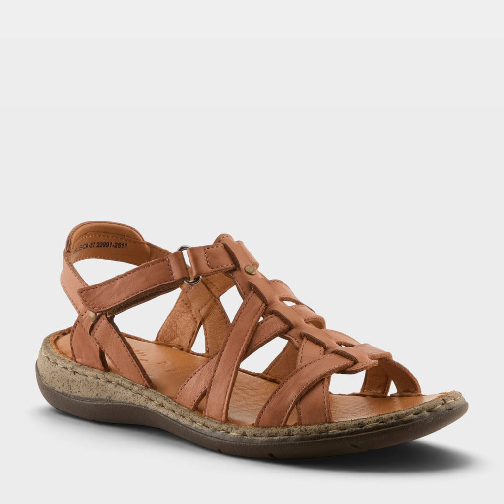 Women's strappy leather gladiator sandal with woven toe cage and buckle ankle strap