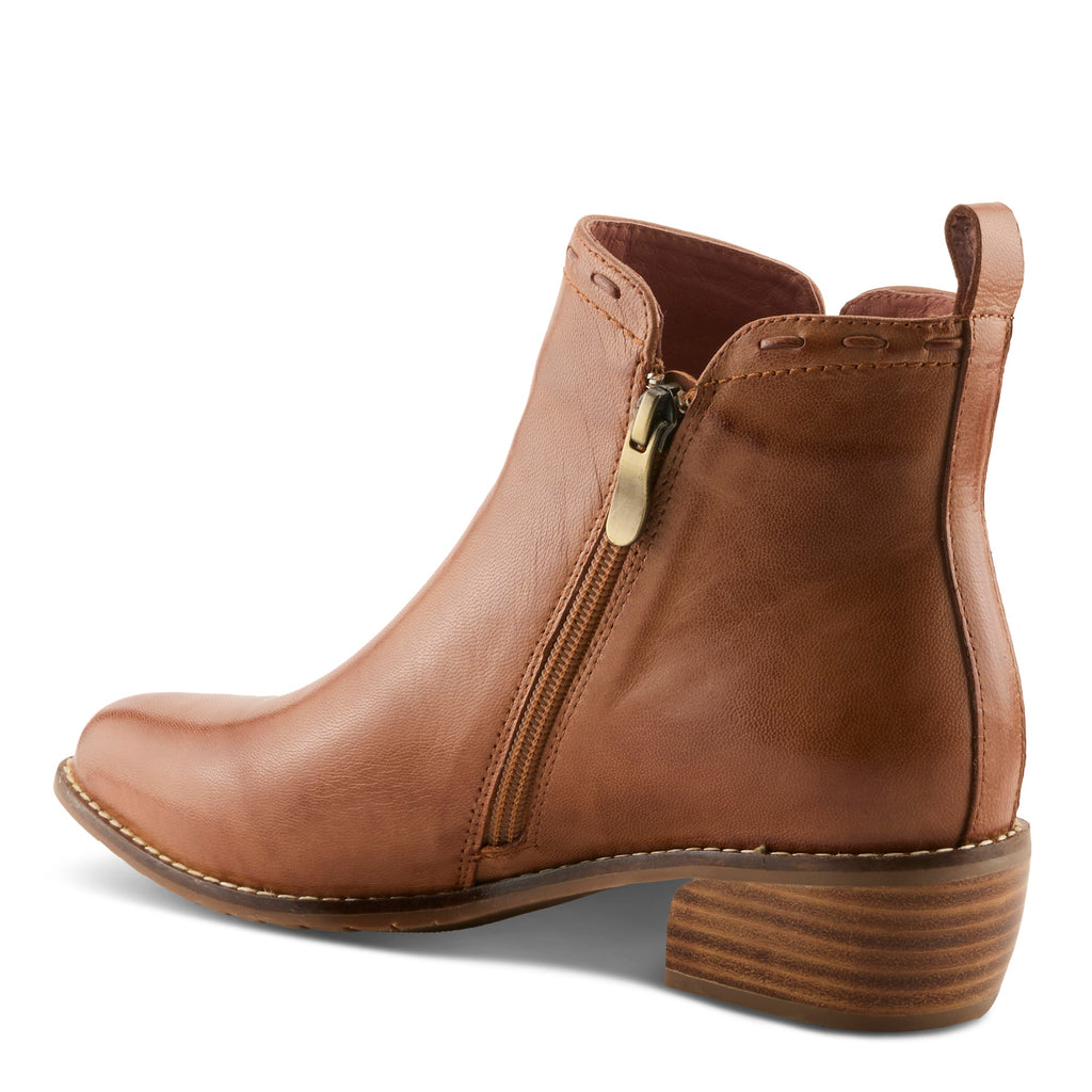 Women's leather ankle boot with gold zipper, stacked heel, and pull tab, rear angle view
