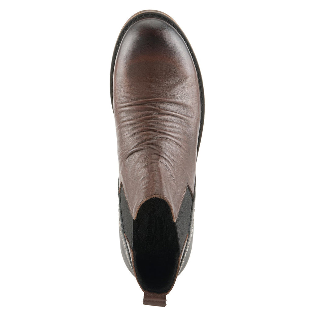 Top-down view of a brown leather Chelsea ankle boot with elastic side panel