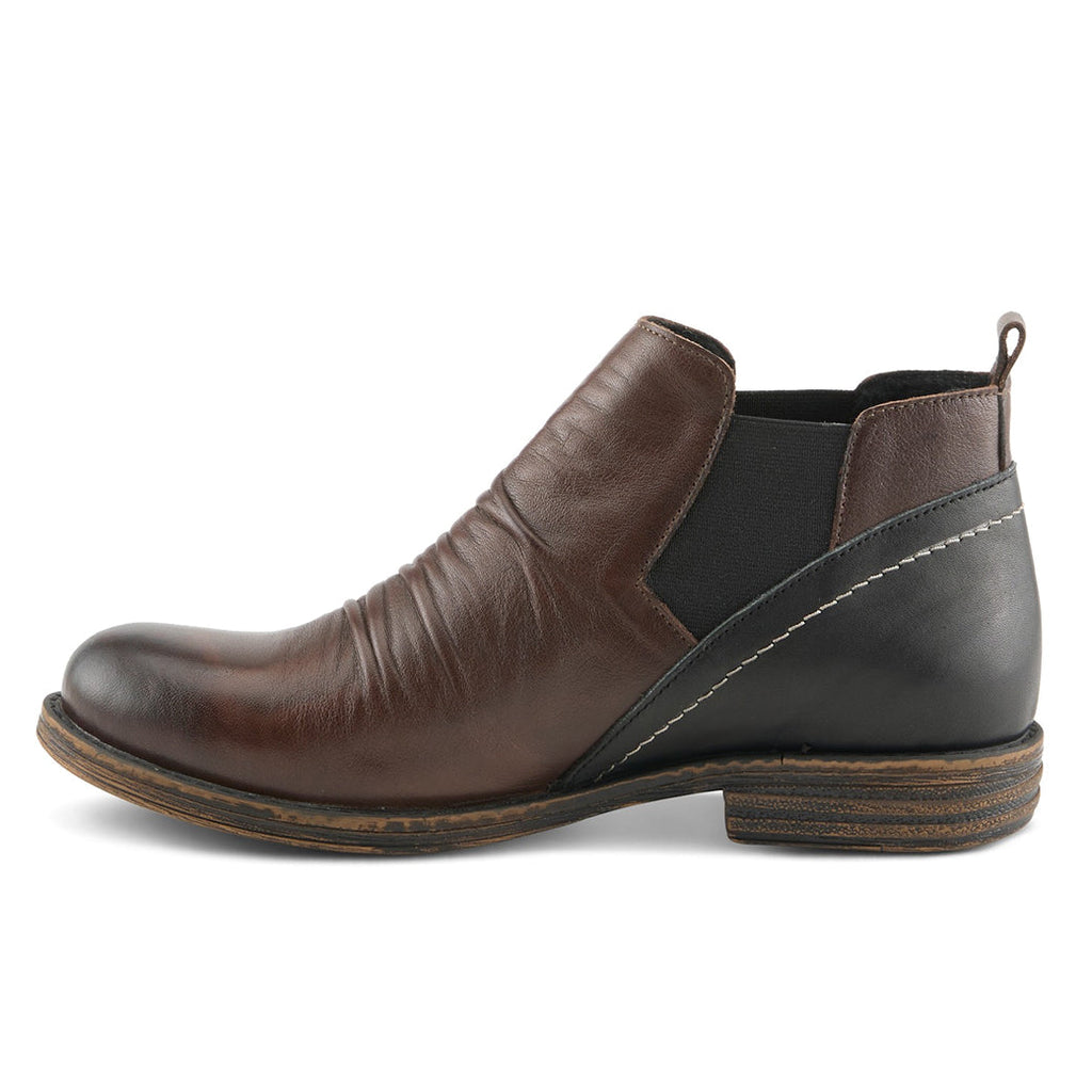 Women's leather Chelsea ankle boot with ruched toe box and stacked heel, side view