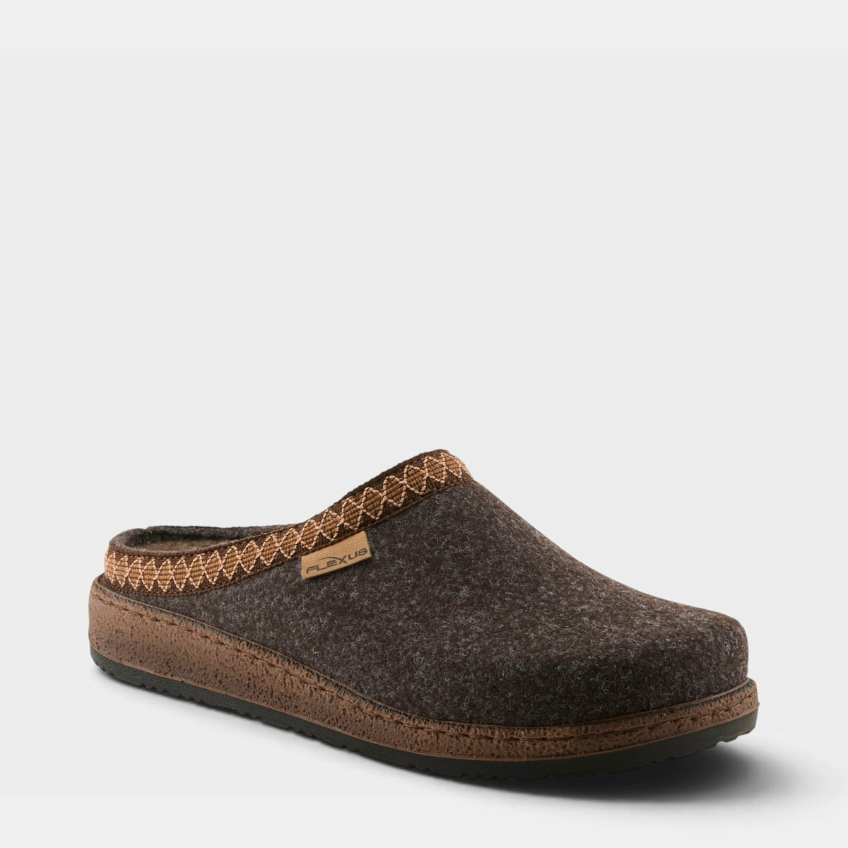 Women's felt clog slipper with decorative stitched trim and cork-style outsole