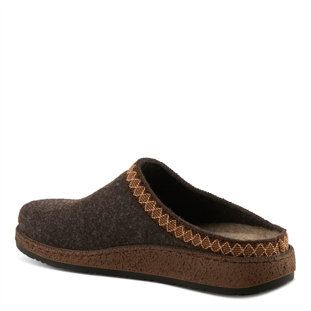 Dark brown wool felt slip-on clog slipper with decorative trim and cork-style sole