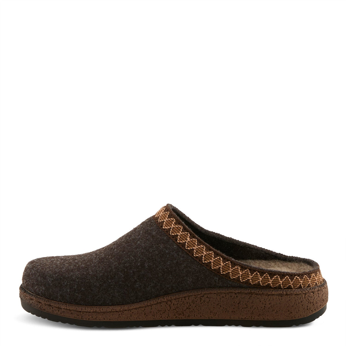 Women's felt clog slipper with decorative stitching trim and cushioned cork-style outsole