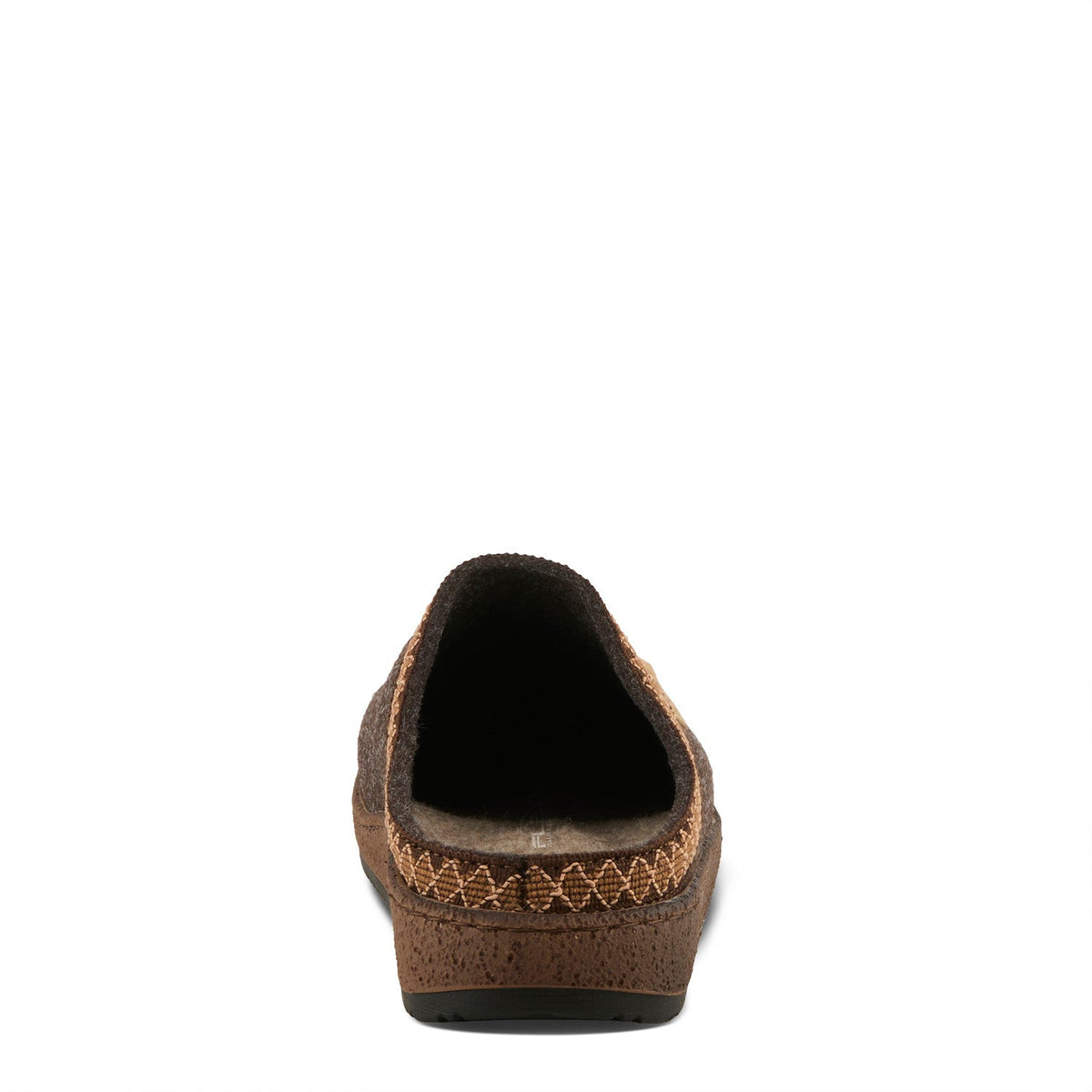 Womens slip-on mule slipper with decorative trim detail viewed from back heel angle