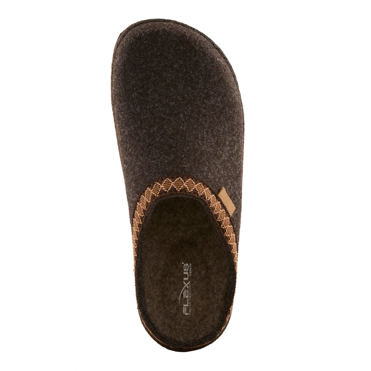 Flexus by Spring Step felt clog slipper with diamond-stitch trim, top-down view