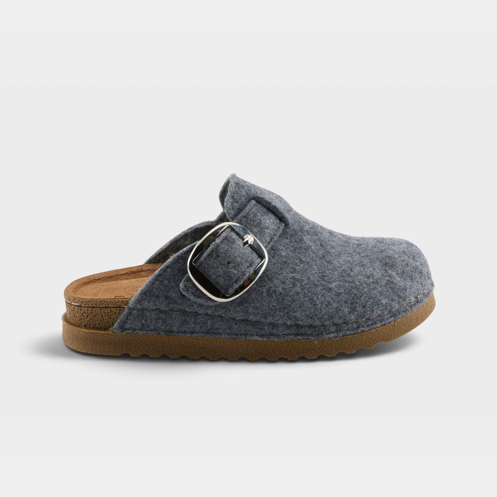 Felt clog mule with large silver buckle strap and tan cork-style footbed and outsole