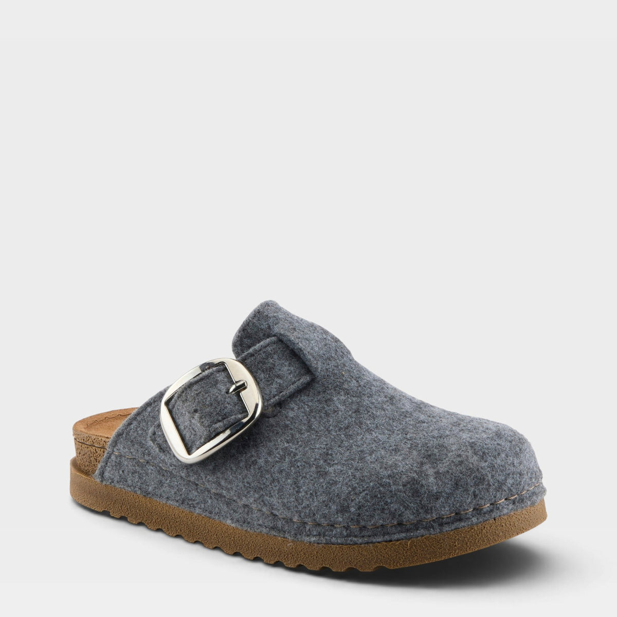 Spring Step Cloggiller women's felt clog with silver buckle and tan cork sole