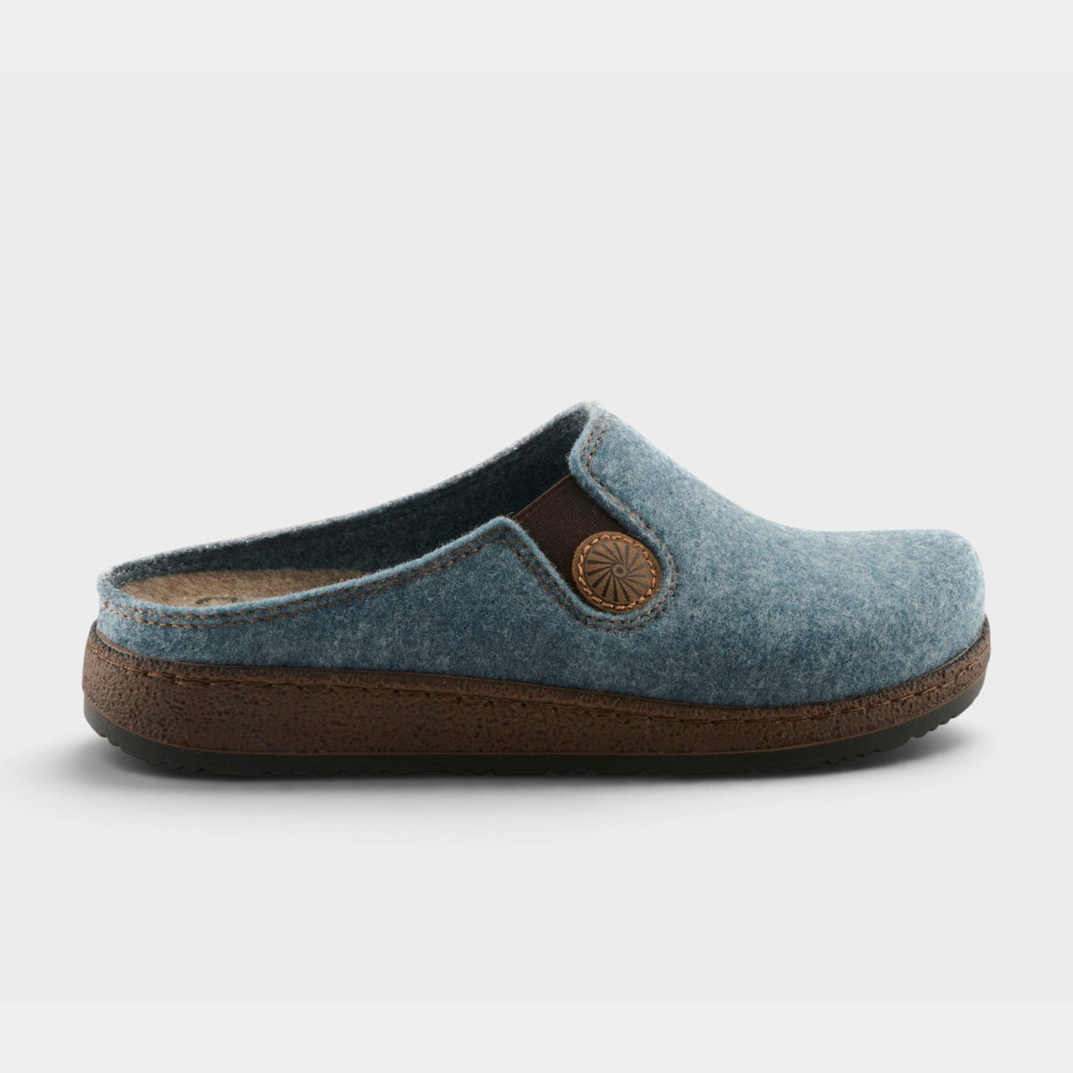 Spring Step Cozily felt clog slipper with brown sole and decorative button detail, side view