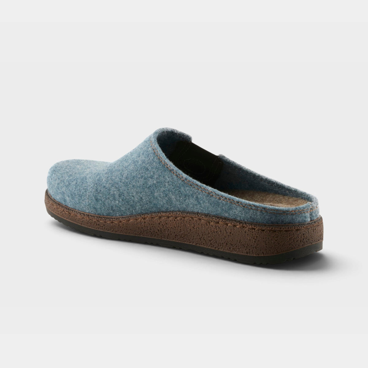 Spring Step Cozily felt clog slipper shown from rear angle on cork-style sole