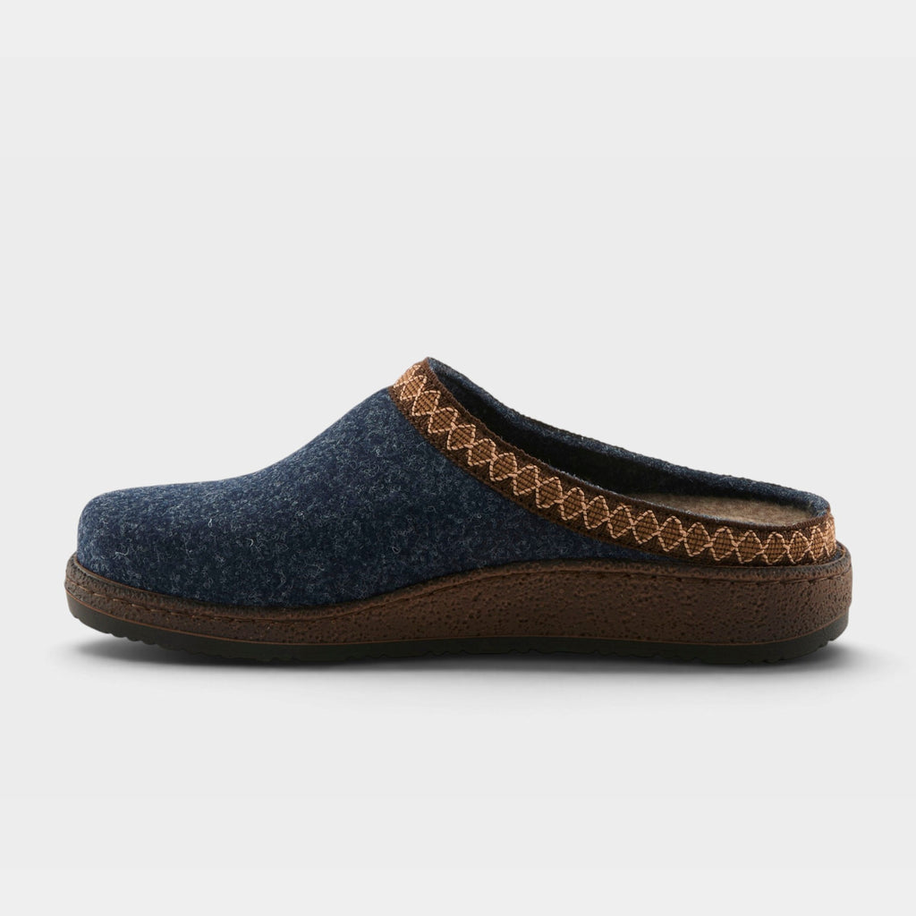 Women's felt clog slipper with decorative stitched trim and brown rubber outsole