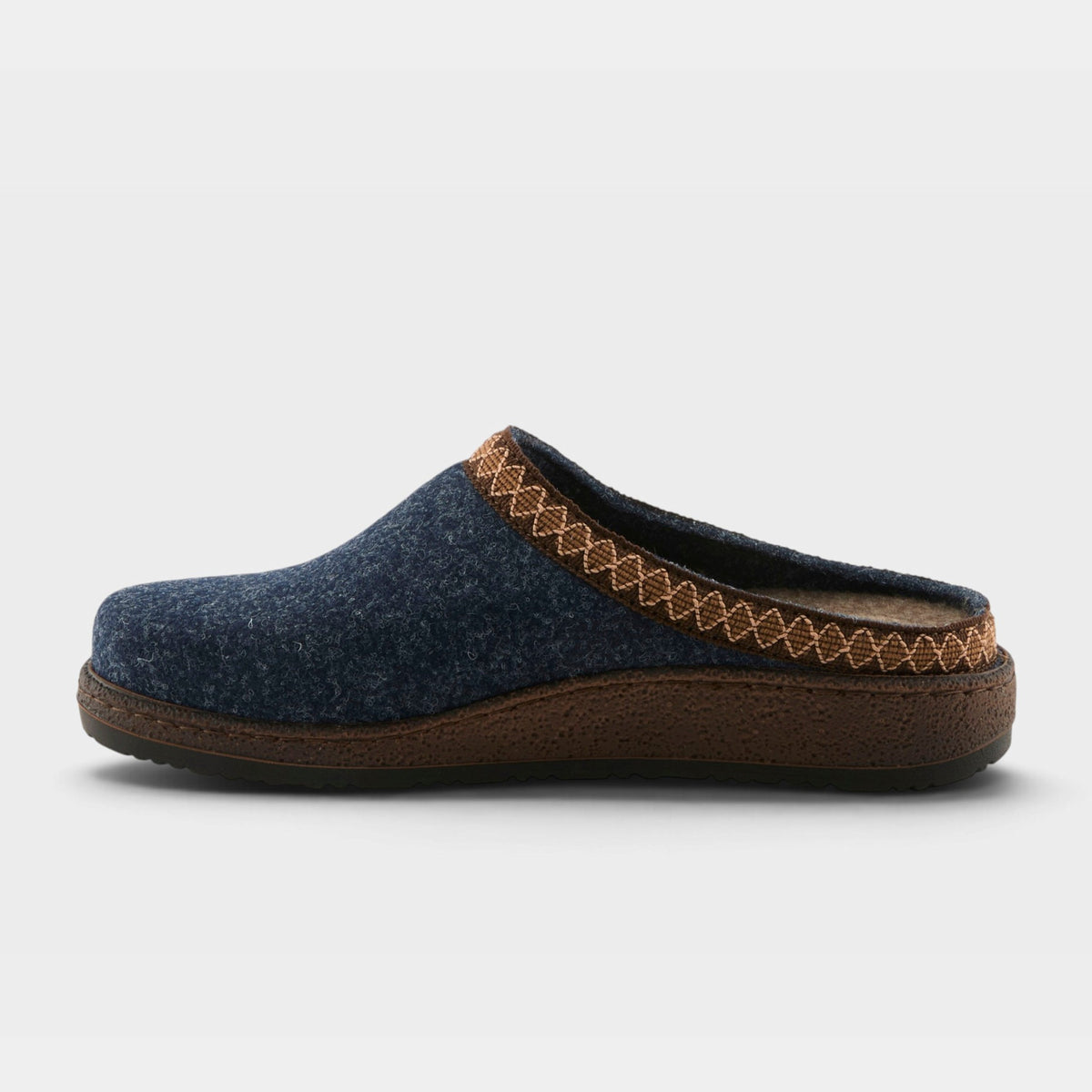 Women's felt clog slipper with decorative stitched trim and brown rubber outsole