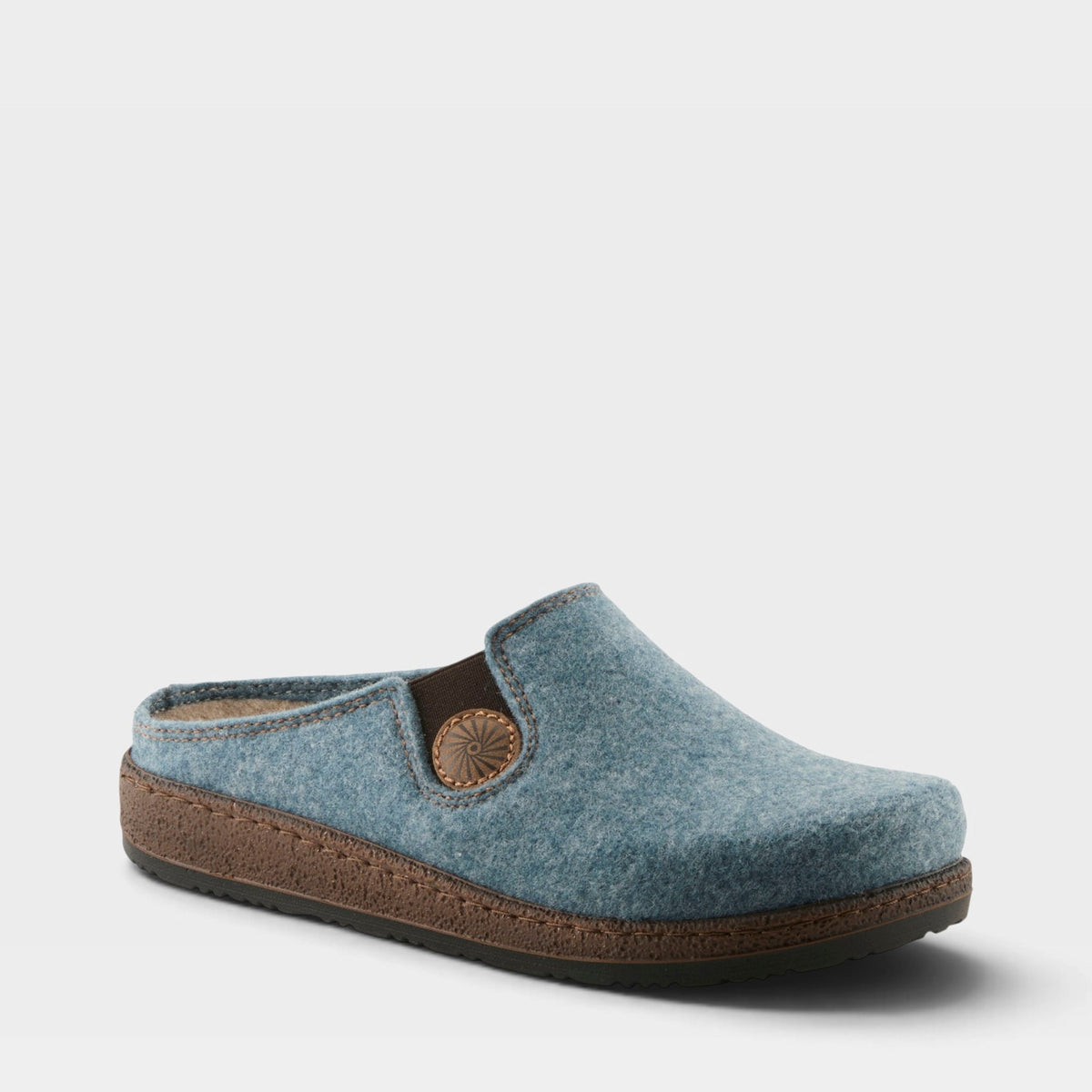 Spring Step Cozily women's felt clog slipper with cork sole and decorative button detail