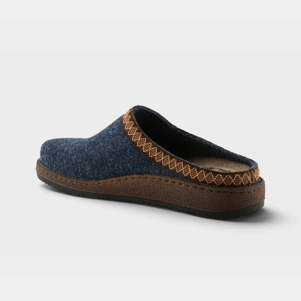 Womens slip-on wool felt clog slipper with decorative trim and rubber sole, back view