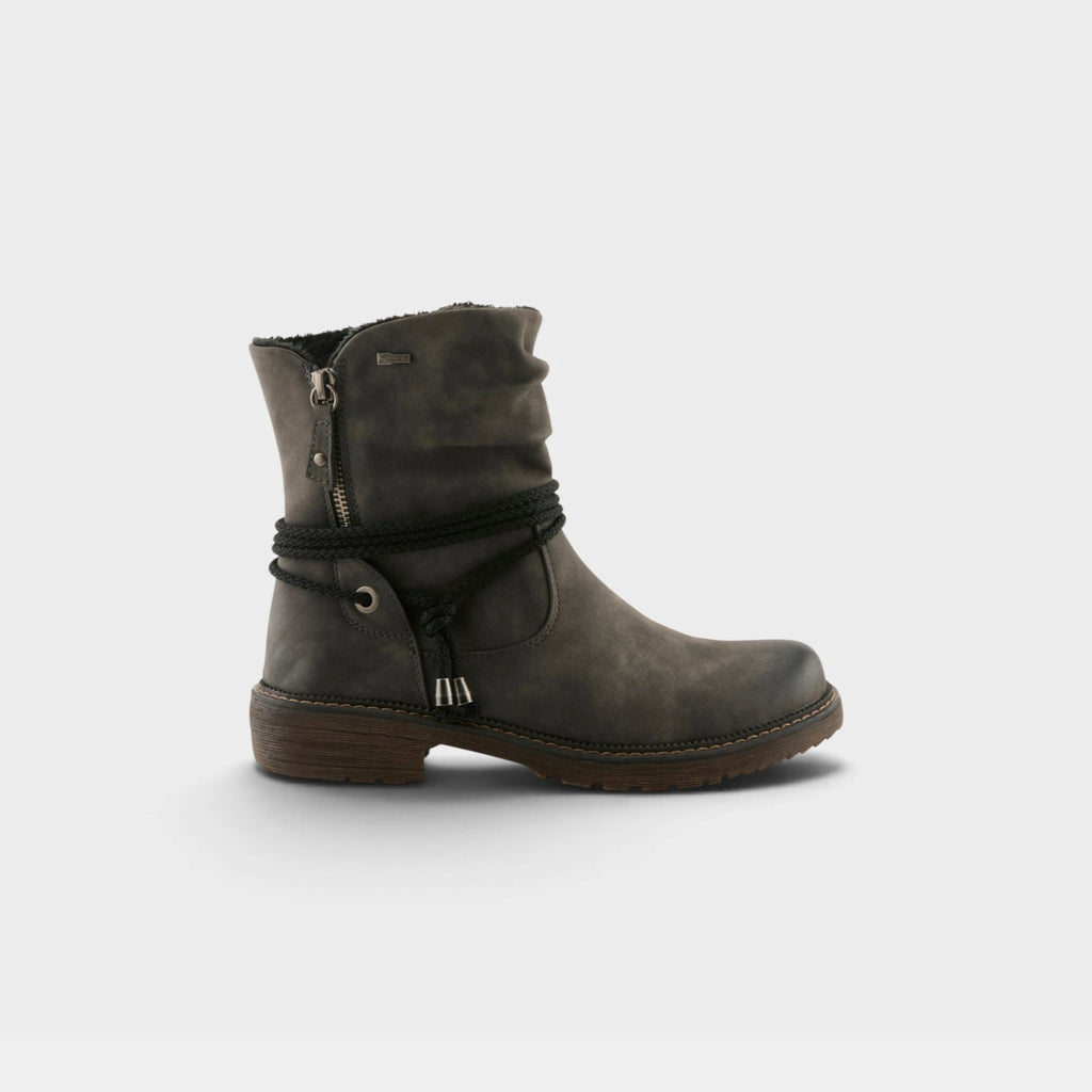 Women's mid-calf ankle boot with slouchy shaft, side zipper, and rope detail wrap