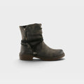 Women's mid-calf ankle boot with slouchy shaft, side zipper, and rope detail wrap