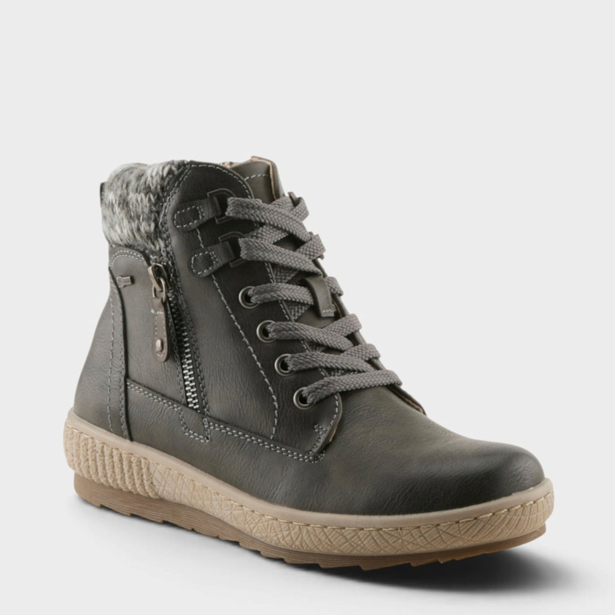 Women's lace-up ankle boot with side zipper, faux fur collar, and textured rubber sole