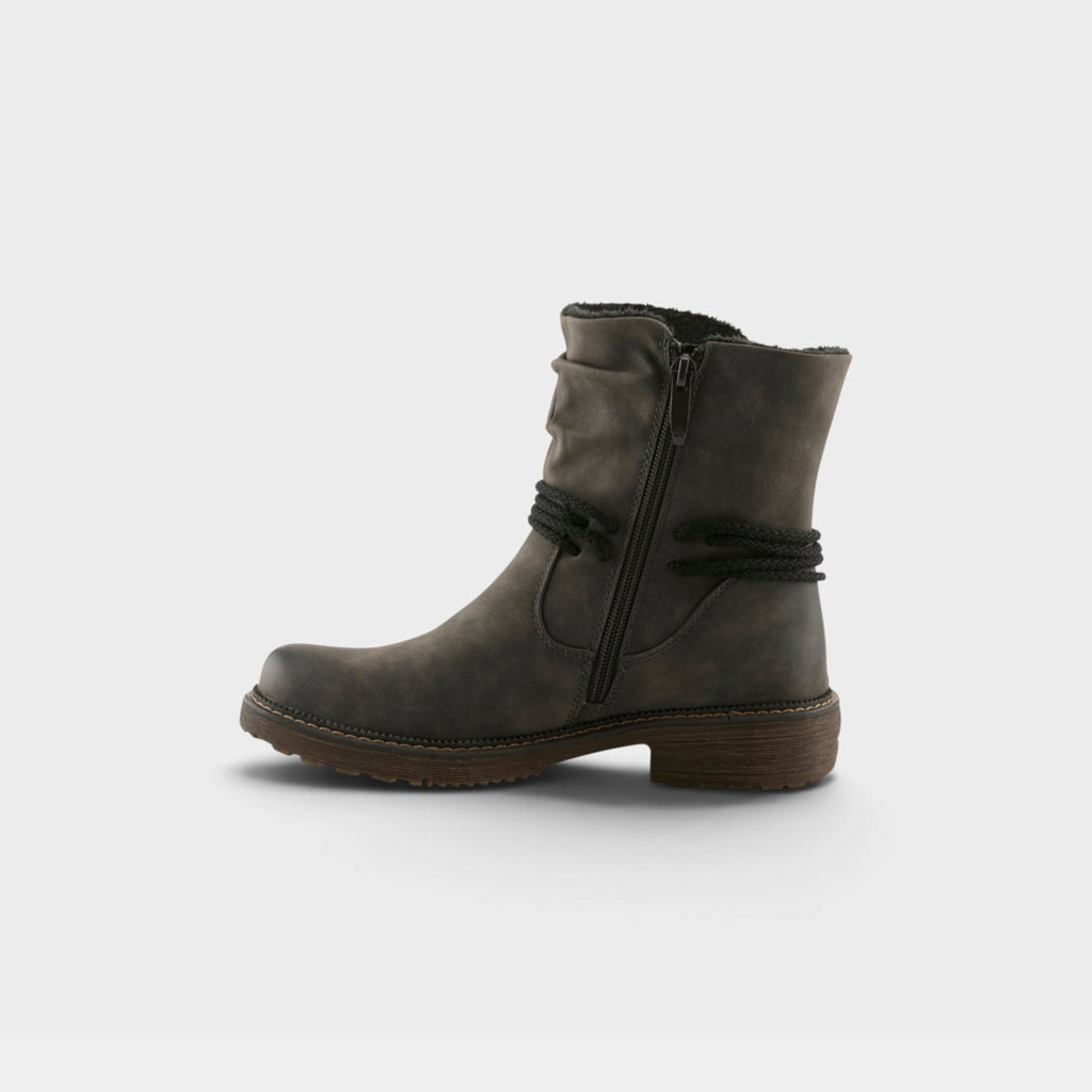 Women's mid-calf grey boot with side zipper, braided cord accent, and lug sole