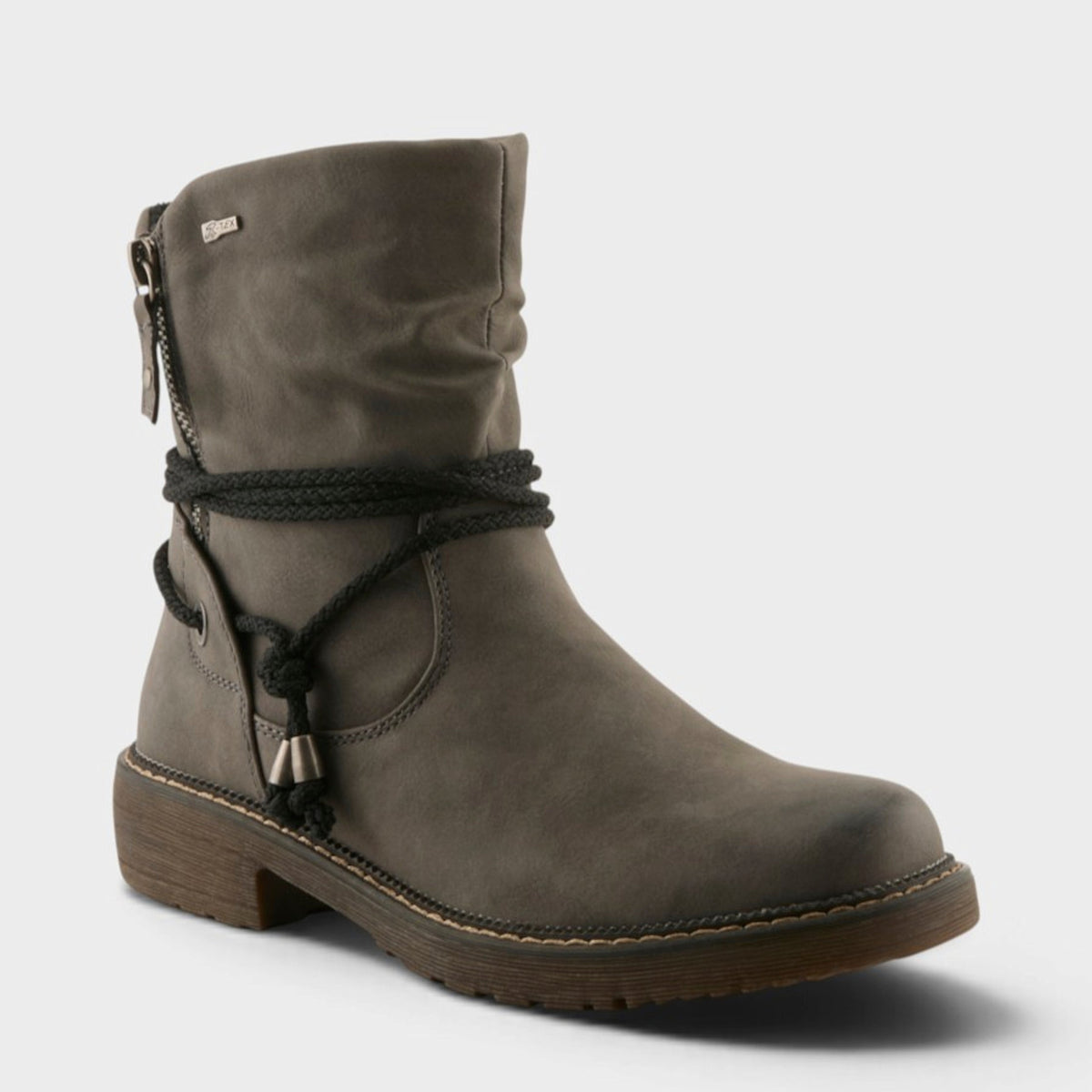 Women's mid-calf leather boot with braided rope accent and side zipper closure