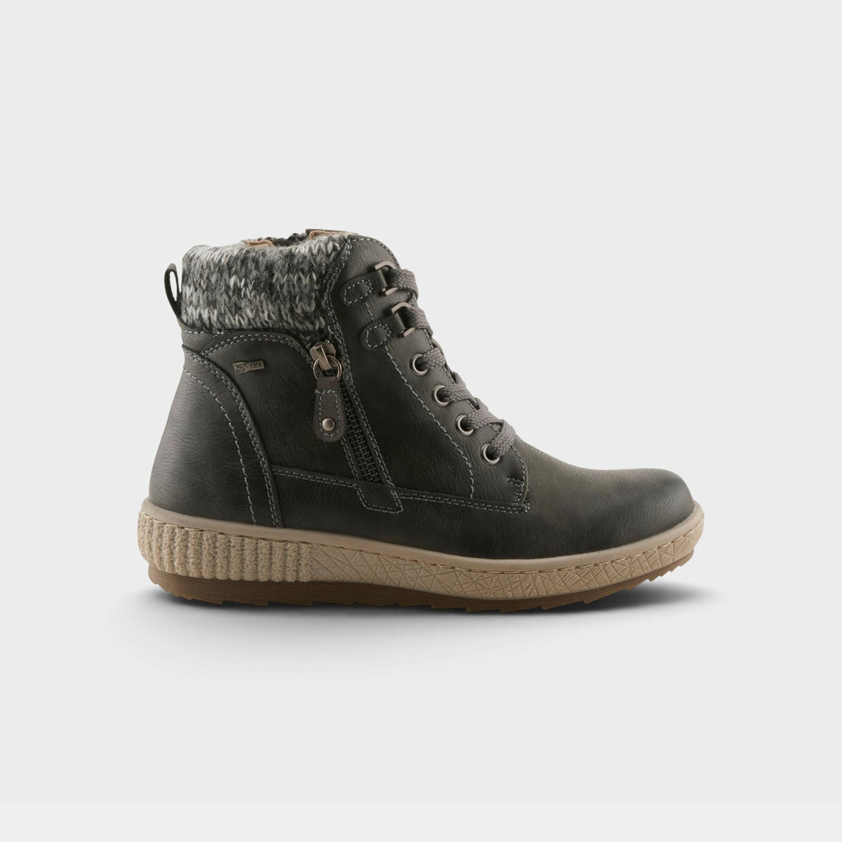 Women's ankle boot with lace-up front, side zipper, knit cuff trim, and textured outsole