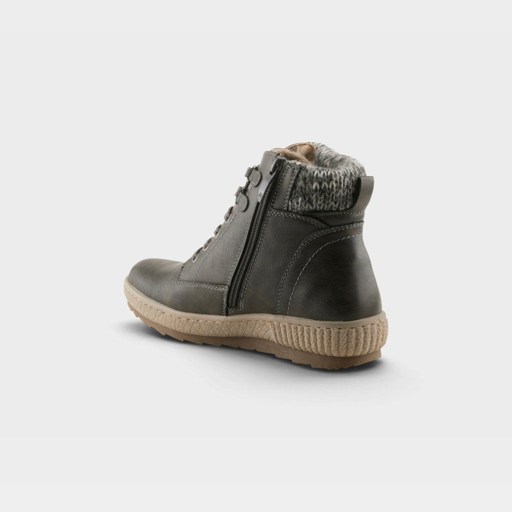 Women's ankle boot with knit collar, side zipper, lace-up front, and textured outsole, back view